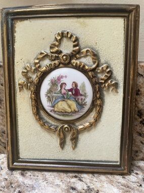 Vintage Gold Ribbon Framed Porcelain Plaque with Romantic Scene